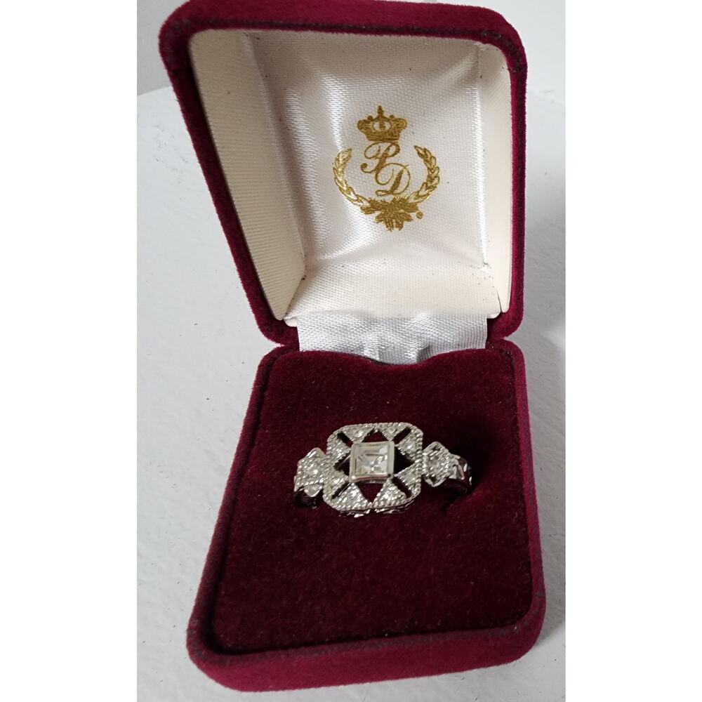 Vintage Silver Ring Size 9.75 w/ Box – Square Cut Clear Stone & Filigree Design